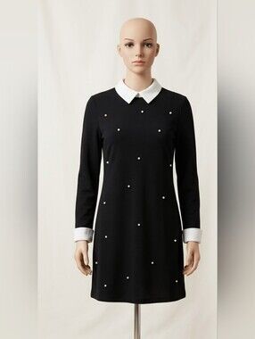 SHEIN Long-Sleeve Black Shift Dress with White Cuffs, Peter Pan Collar